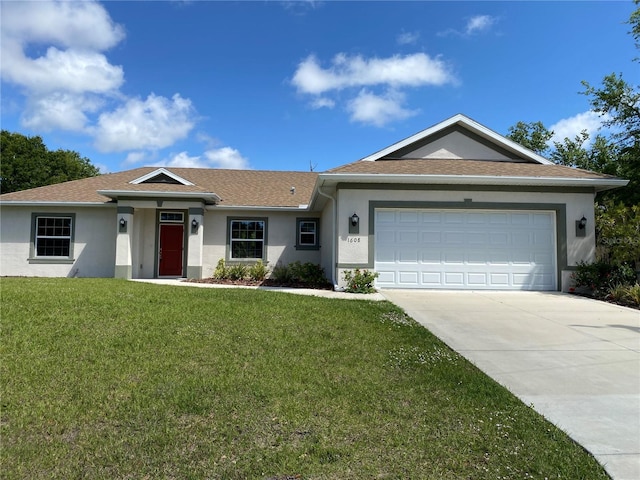 ranch-style house with a front yard, roof with shingles, concrete driveway, stucco siding, and an attached garage
