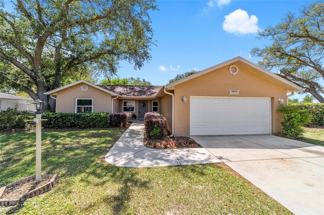 5916 SW 111th Place Rd, Ocala, FL 34476 - ranch-style home with driveway, an attached garage, a front lawn, and stucco siding