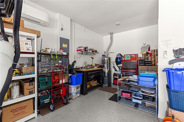 9342 SW 102nd Terrace Rd, Ocala, FL 34481 - garage featuring a workshop area, a wall unit AC, concrete block wall, and water heater