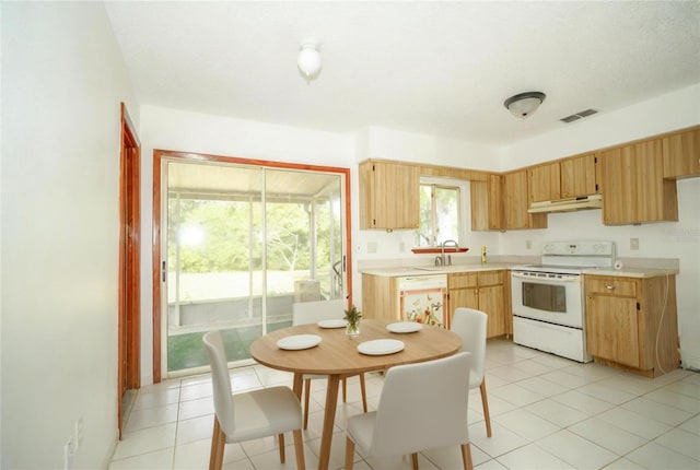 kitchen featuring a sink, visible vents, light countertops, under cabinet range hood, and white appliances