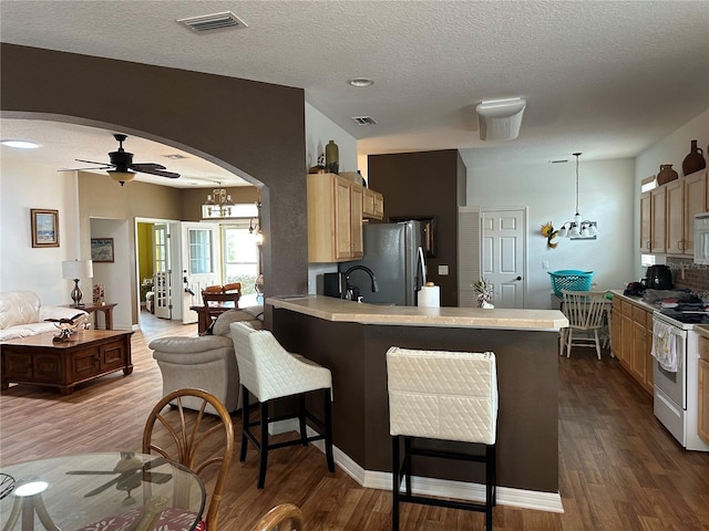 9053 SW 103rd Ave, Ocala, FL 34481 - kitchen with white range with electric stovetop, freestanding refrigerator, arched walkways, a ceiling fan, and dark wood-style flooring