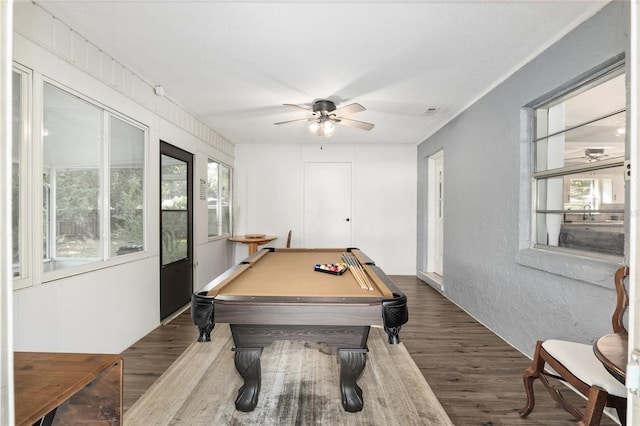 6830 NW 62nd Pl, Ocala, FL 34482 - recreation room featuring a textured wall, visible vents, a ceiling fan, pool table, and wood finished floors