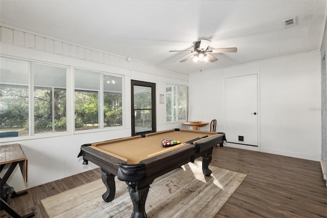 6830 NW 62nd Pl, Ocala, FL 34482 - game room featuring a textured ceiling, visible vents, ceiling fan, wood finished floors, and billiards