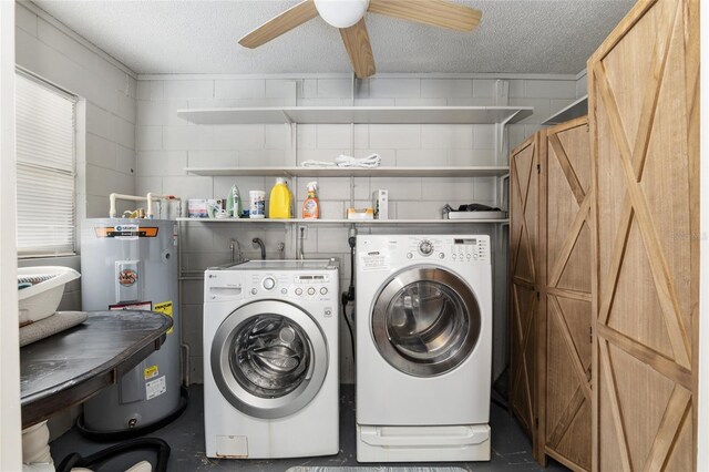 6830 NW 62nd Pl, Ocala, FL 34482 - clothes washing area featuring washer and clothes dryer, concrete block wall, a textured ceiling, laundry area, and electric water heater