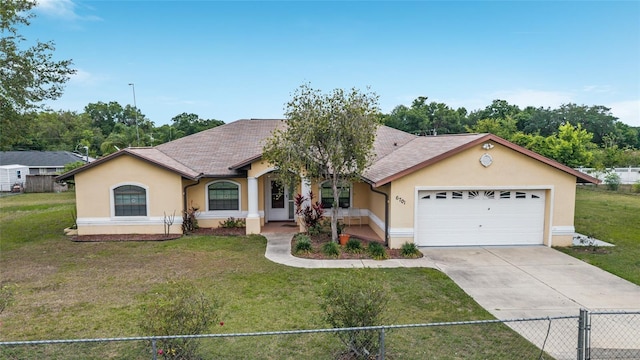 single story home with stucco siding, concrete driveway, and an attached garage