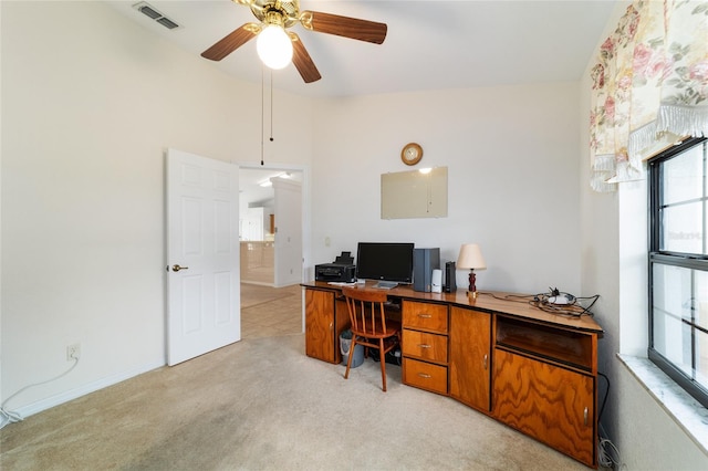 office with ceiling fan, light carpet, and lofted ceiling