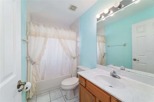 bathroom with tile patterned flooring, vanity, toilet, and shower / tub combo with curtain