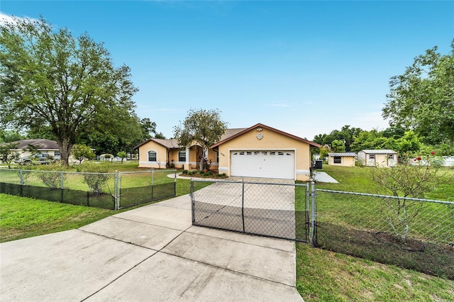 single story home with driveway, stucco siding, a garage, and a gate