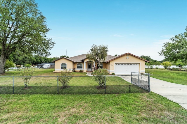 single story home with stucco siding, a garage, and driveway
