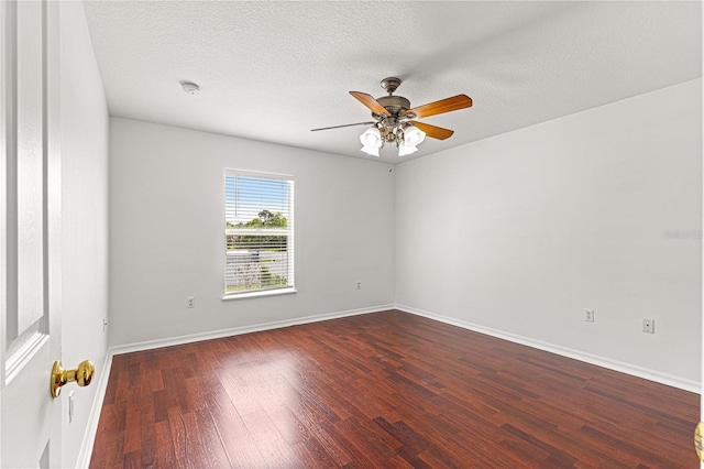 unfurnished room featuring a textured ceiling, baseboards, ceiling fan, and wood finished floors