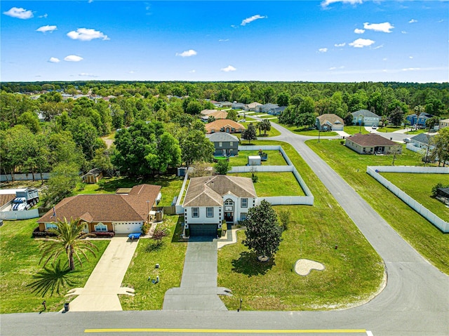 birds eye view of property featuring a view of trees and a residential view