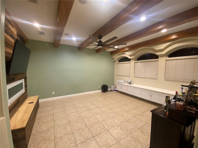 5323 SW 111th Lane Rd, Ocala, FL 34476 - living room with beam ceiling, a ceiling fan, light tile patterned floors, recessed lighting, and baseboards