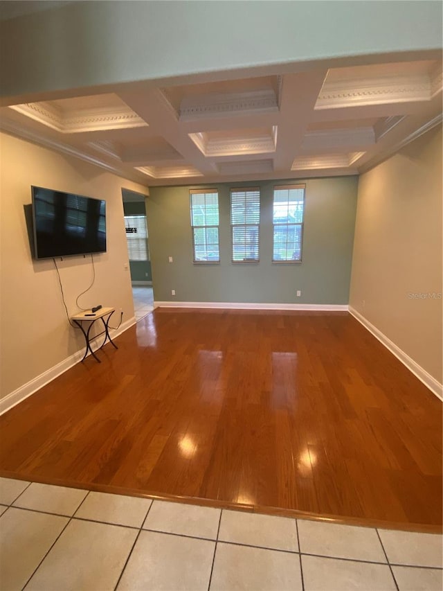 5323 SW 111th Lane Rd, Ocala, FL 34476 - spare room featuring coffered ceiling, wood finished floors, baseboards, and beam ceiling
