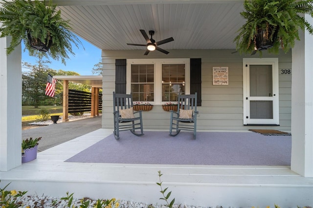 view of patio / terrace with covered porch and ceiling fan