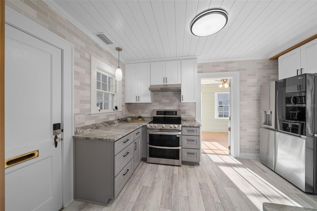 kitchen featuring stainless steel appliances, under cabinet range hood, light wood-type flooring, light stone countertops, and crown molding
