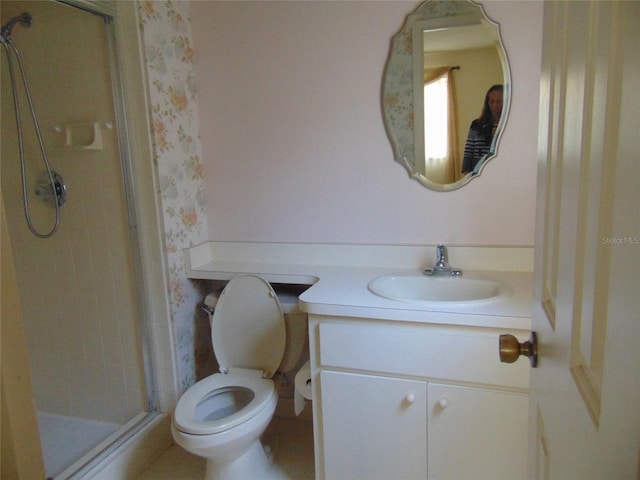 2046 SE 37th Court Cir, Ocala, FL 34471 - full bath with wallpapered walls, toilet, a stall shower, and vanity