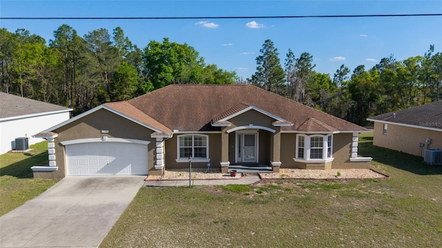 ranch-style house featuring driveway, central air condition unit, a garage, a front lawn, and stucco siding