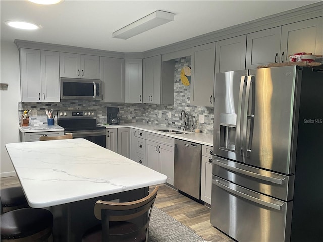 8533 SW 93rd Pl Unit A, Ocala, FL 34481 - kitchen featuring stainless steel appliances, gray cabinets, backsplash, and light wood-style floors