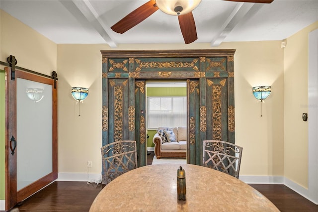 44 SE 9th Ter, Ocala, FL 34471 - dining space featuring baseboards, a barn door, dark wood-style floors, and beam ceiling