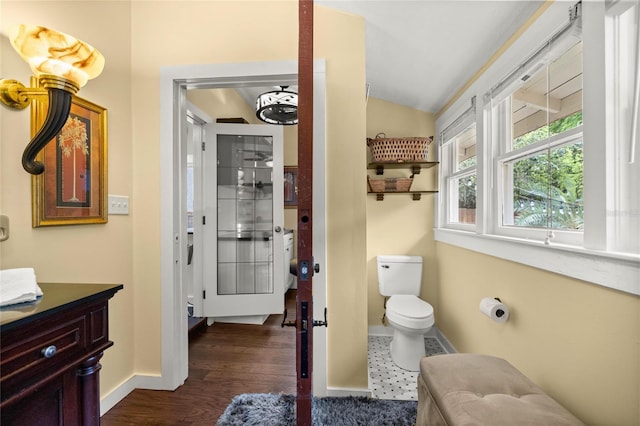 44 SE 9th Ter, Ocala, FL 34471 - bathroom with baseboards, toilet, wood finished floors, vanity, and vaulted ceiling