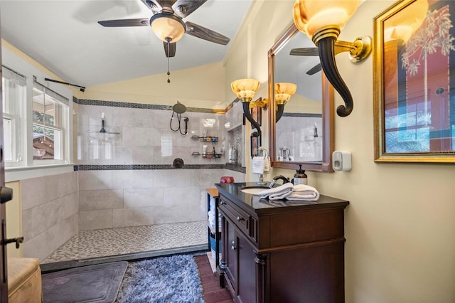 44 SE 9th Ter, Ocala, FL 34471 - full bathroom featuring a ceiling fan, vanity, lofted ceiling, and walk in shower