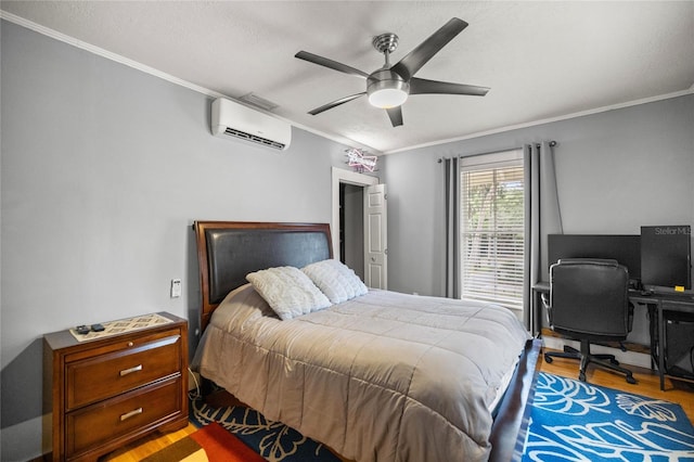 44 SE 9th Ter, Ocala, FL 34471 - bedroom with a wall mounted air conditioner, a ceiling fan, wood finished floors, and crown molding