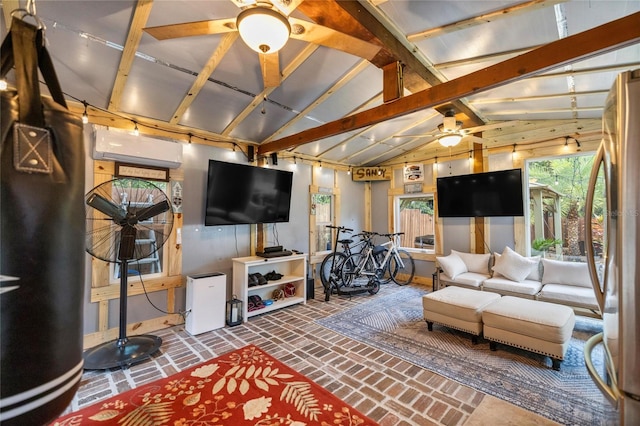 44 SE 9th Ter, Ocala, FL 34471 - living room featuring an AC wall unit, lofted ceiling with beams, ceiling fan, and brick floor