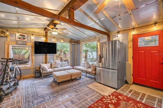 44 SE 9th Ter, Ocala, FL 34471 - living area featuring lofted ceiling with beams and ceiling fan