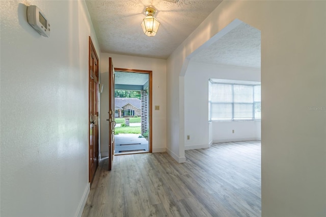 foyer entrance with baseboards, a textured ceiling, a healthy amount of sunlight, and wood finished floors