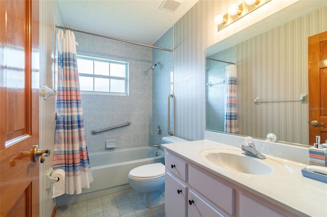 bathroom featuring visible vents, wallpapered walls, vanity, shower / bath combination with curtain, and tile patterned flooring