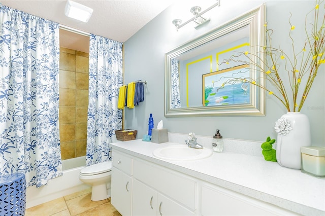 5770 SW 89th Pl, Ocala, FL 34476 - bathroom featuring a textured ceiling, vanity, shower / bathtub combination with curtain, toilet, and tile patterned flooring