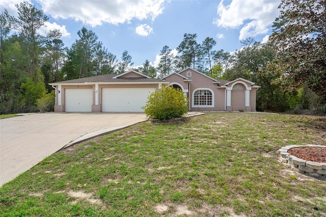 6 Statice Ct, Homosassa, FL 34446 - ranch-style home featuring concrete driveway, a front lawn, a garage, and stucco siding