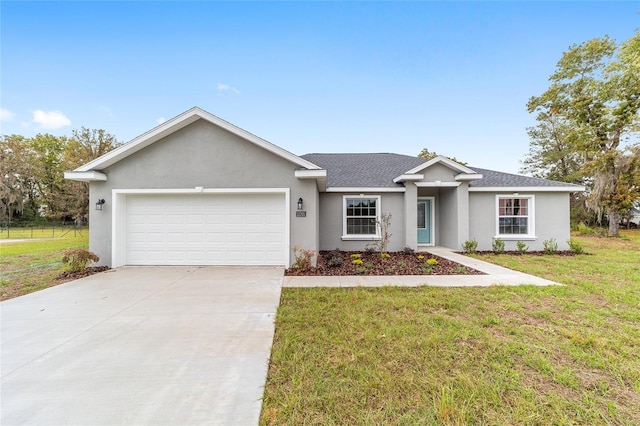 single story home featuring driveway, a front yard, stucco siding, a shingled roof, and a garage