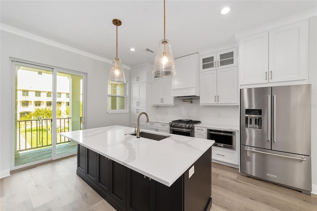 141 SE Watula Ave, Ocala, FL 34471 - kitchen featuring a sink, high quality appliances, premium range hood, light wood-style flooring, and decorative backsplash