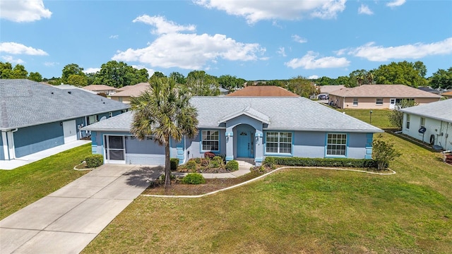 ranch-style house featuring stucco siding, an attached garage, a residential view, driveway, and a front lawn