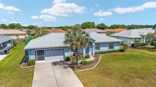 ranch-style home featuring a residential view, concrete driveway, a shingled roof, and an attached garage