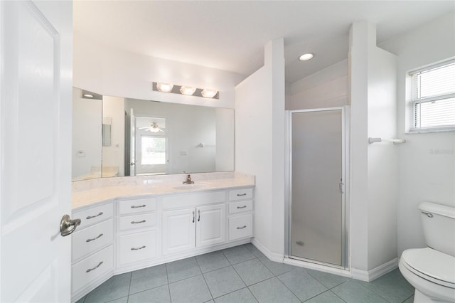 full bathroom with tile patterned floors, toilet, vanity, a ceiling fan, and a shower stall