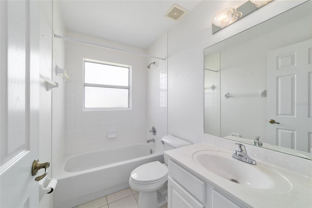 bathroom with tile patterned floors, toilet, vanity, shower / tub combination, and visible vents