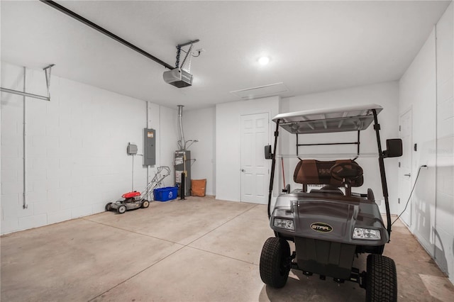 8546 SW 79th Ave, Ocala, FL 34476 - garage featuring electric panel, water heater, a garage door opener, and concrete block wall