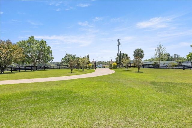 view of home's community with fence and a lawn