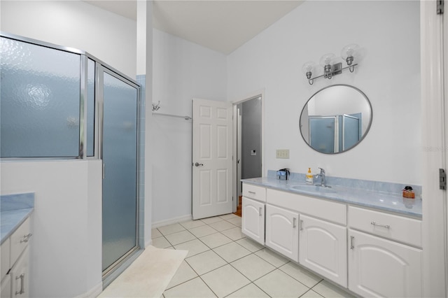 bathroom with tile patterned flooring, vanity, and a stall shower