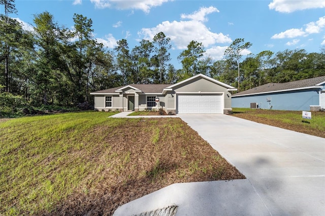 single story home featuring a front lawn, central air condition unit, stucco siding, driveway, and a garage