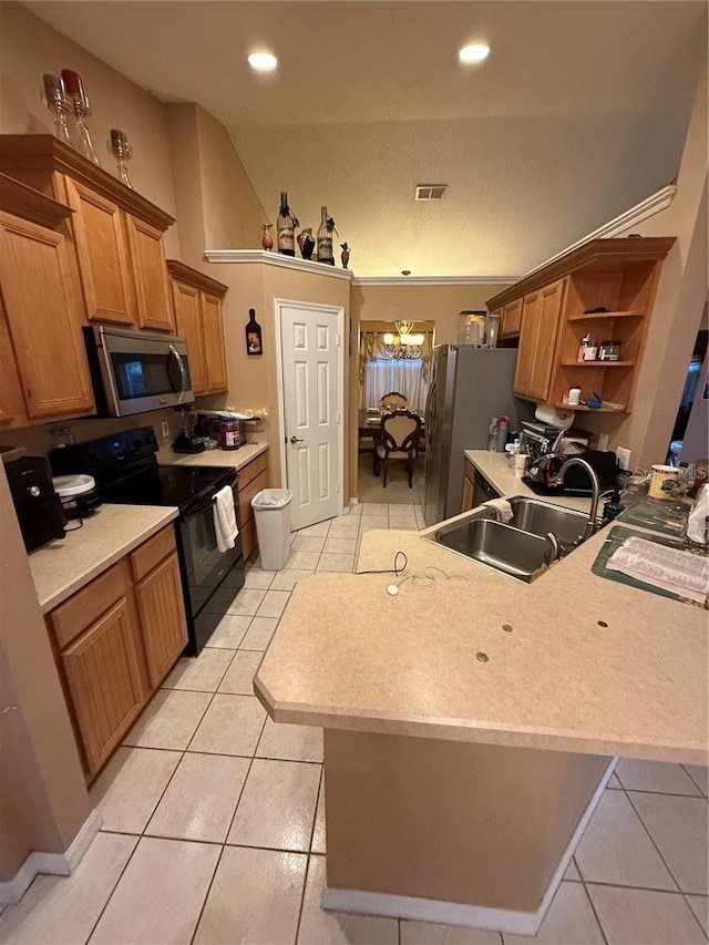kitchen with a sink, open shelves, light tile patterned flooring, and stainless steel appliances