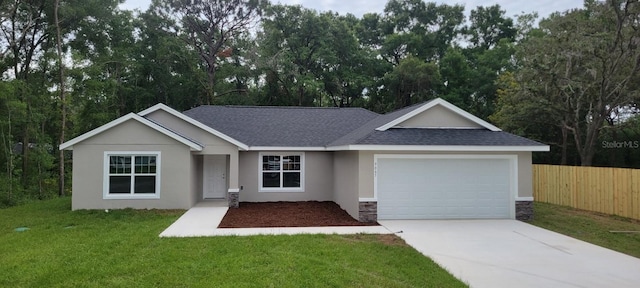 single story home with stone siding, driveway, an attached garage, a shingled roof, and stucco siding