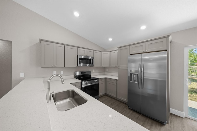 10435 SE 125th Ln, Belleview, FL 34420 - kitchen featuring gray cabinetry, stainless steel appliances, dark wood-type flooring, and a sink