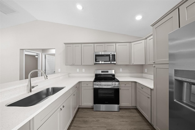 10435 SE 125th Ln, Belleview, FL 34420 - kitchen featuring a sink, lofted ceiling, gray cabinets, wood finished floors, and appliances with stainless steel finishes
