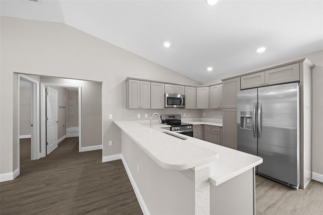10435 SE 125th Ln, Belleview, FL 34420 - kitchen with lofted ceiling, stainless steel appliances, gray cabinetry, and a peninsula