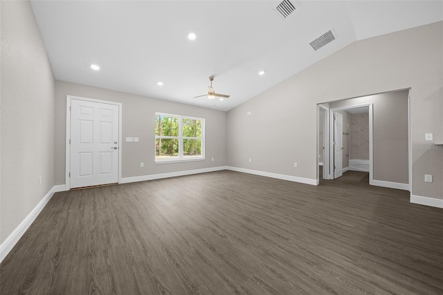 10435 SE 125th Ln, Belleview, FL 34420 - unfurnished living room with ceiling fan, lofted ceiling, dark wood-style floors, and visible vents