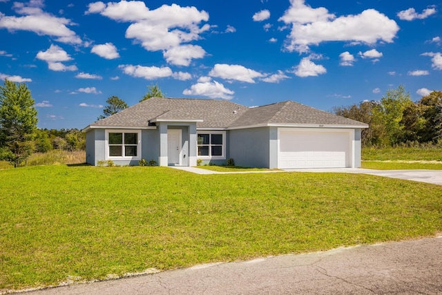 single story home with an attached garage, driveway, stucco siding, a front yard, and a shingled roof