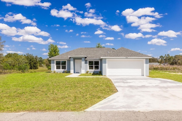 ranch-style home featuring a front yard, stucco siding, driveway, and a garage